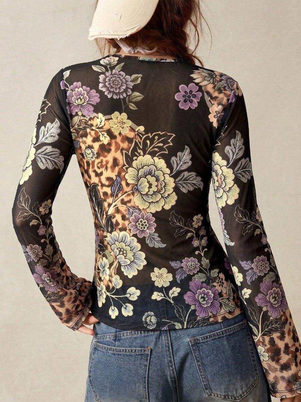Black Casual Women's Boho Vacation Knit Mesh Printed Top - Picture 2 of 8